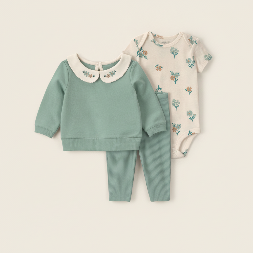 Baby Girl 3 Piece Floral French Terry Layering Set Green