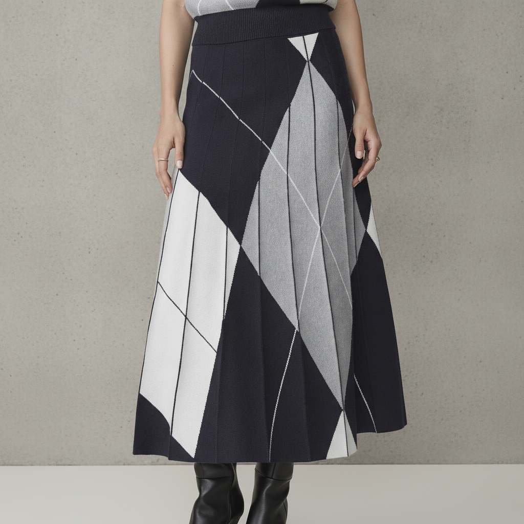 Pleated Argyle Jacquard Sweater Skirt