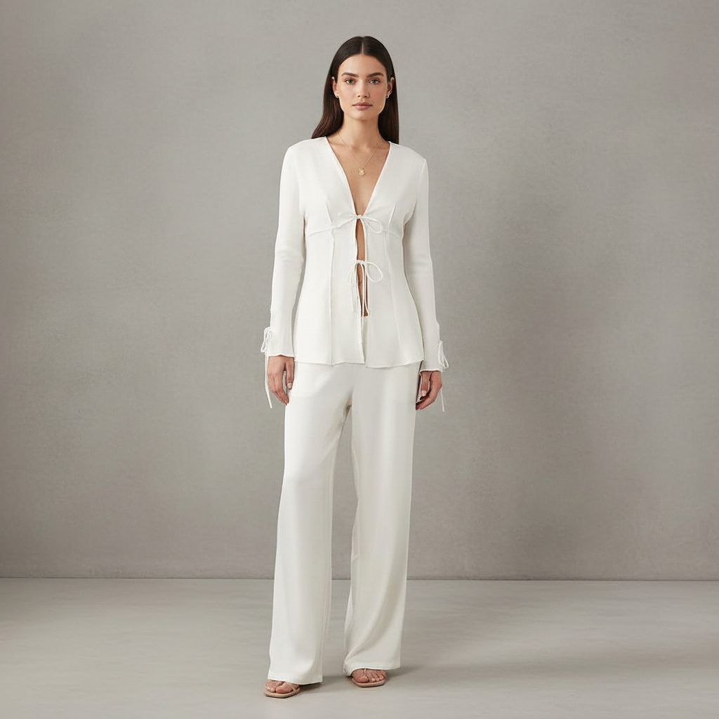 Lioness Veil Satin Tie Front Detail Long Sleeve Top in Porcelain - Part of a Set