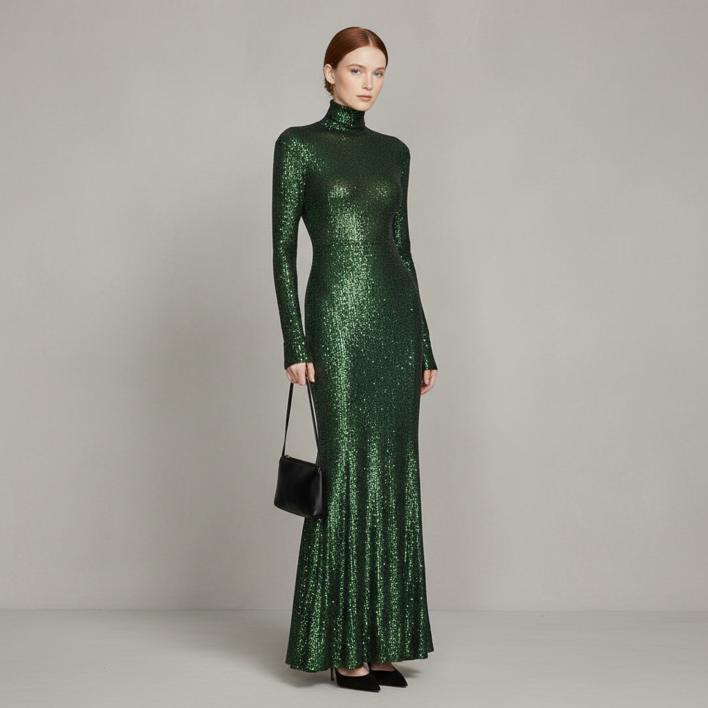 Long Sleeve Turtle Fishtail Gown in Dark Emerald