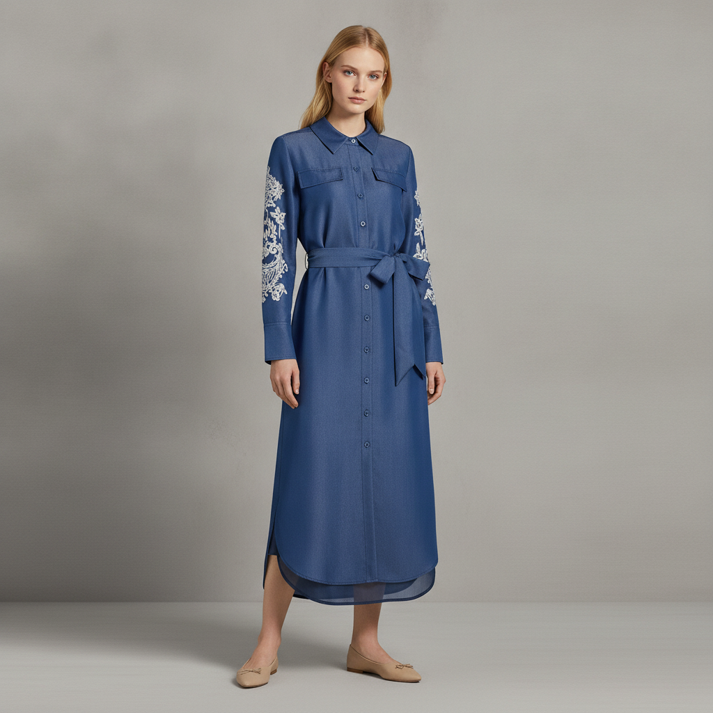 Embroidered Belted Midi-Dress
