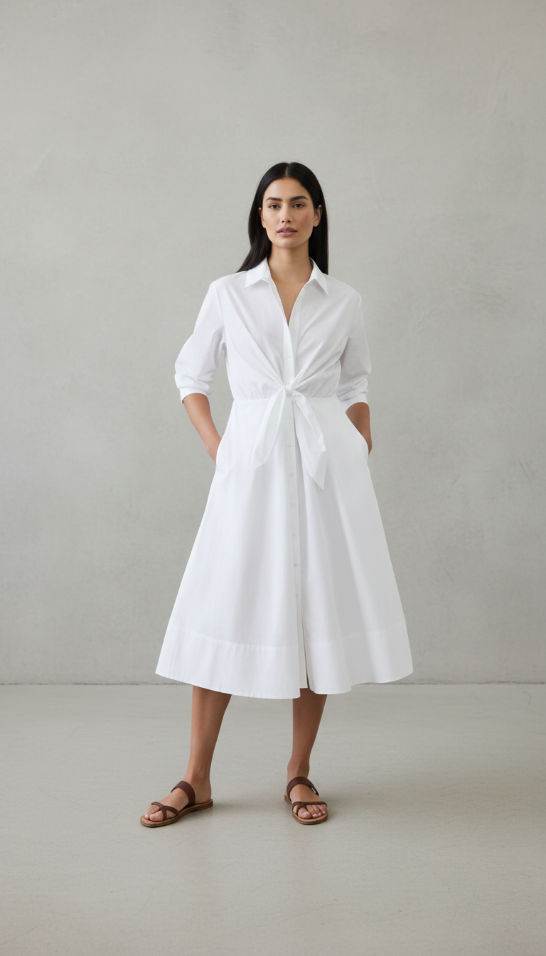 POPLIN WRAP-TIE MIDI SHIRTDRESS