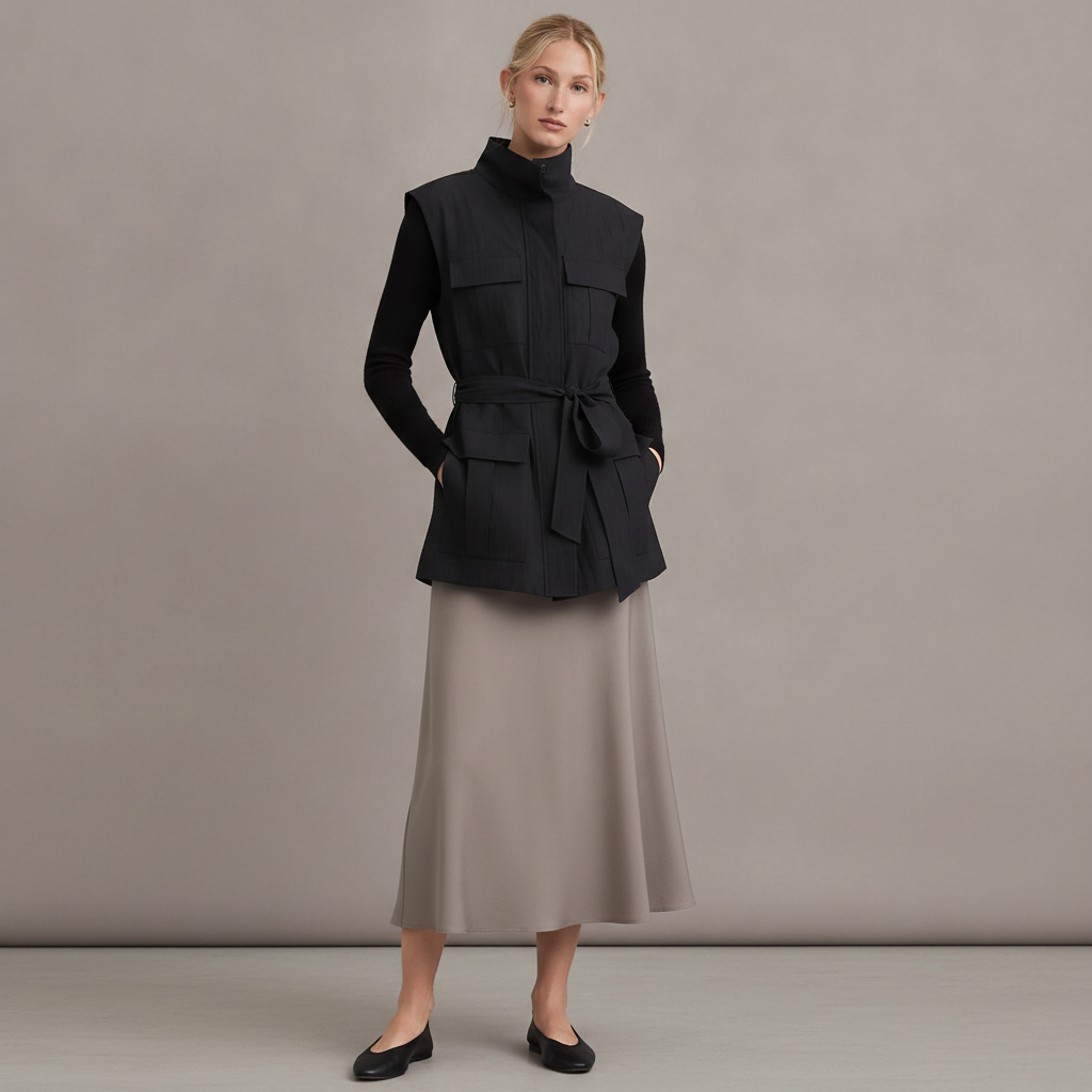 Belted Funnel Neck Pocket Vest pictured with Black Shell - pictured with Black Abardsion Long Sleeve Fitted Shell