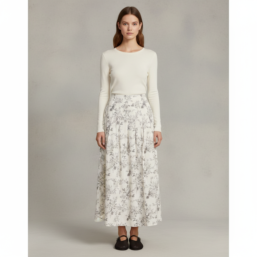Floral Toile Pleated Midi Skirt