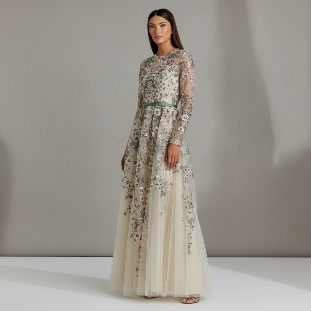 Ivory Long Sleeve Floral Embellished A-Line Gown