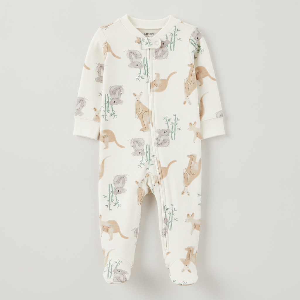 Baby Girl Kangaroo 2 Way Zip Cotton Sleep And Play Pajamas Ivory