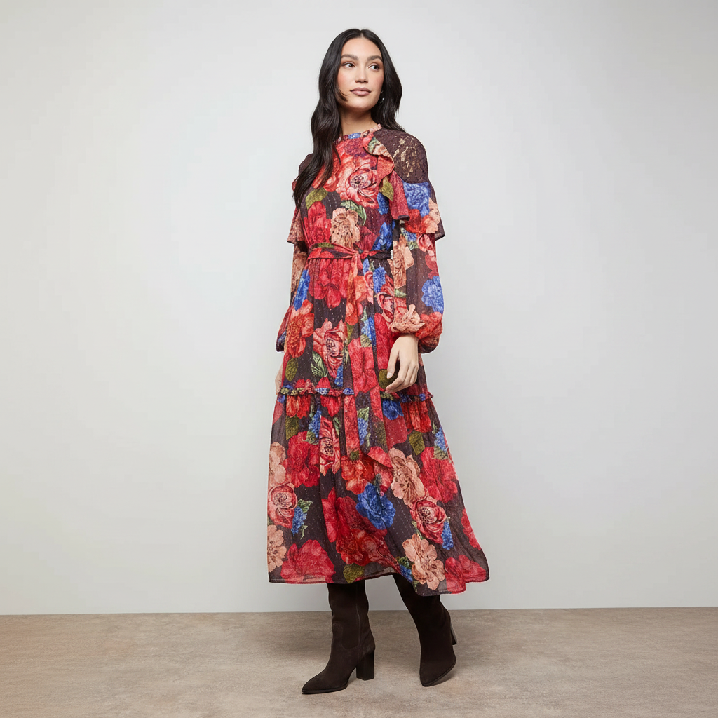Printed Chiffon Cape Detail Belted Waist Midi Dress