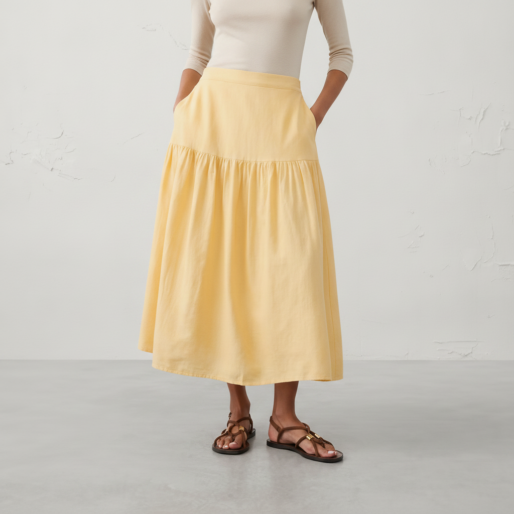 Linen-Blend Tiered Midi Skirt