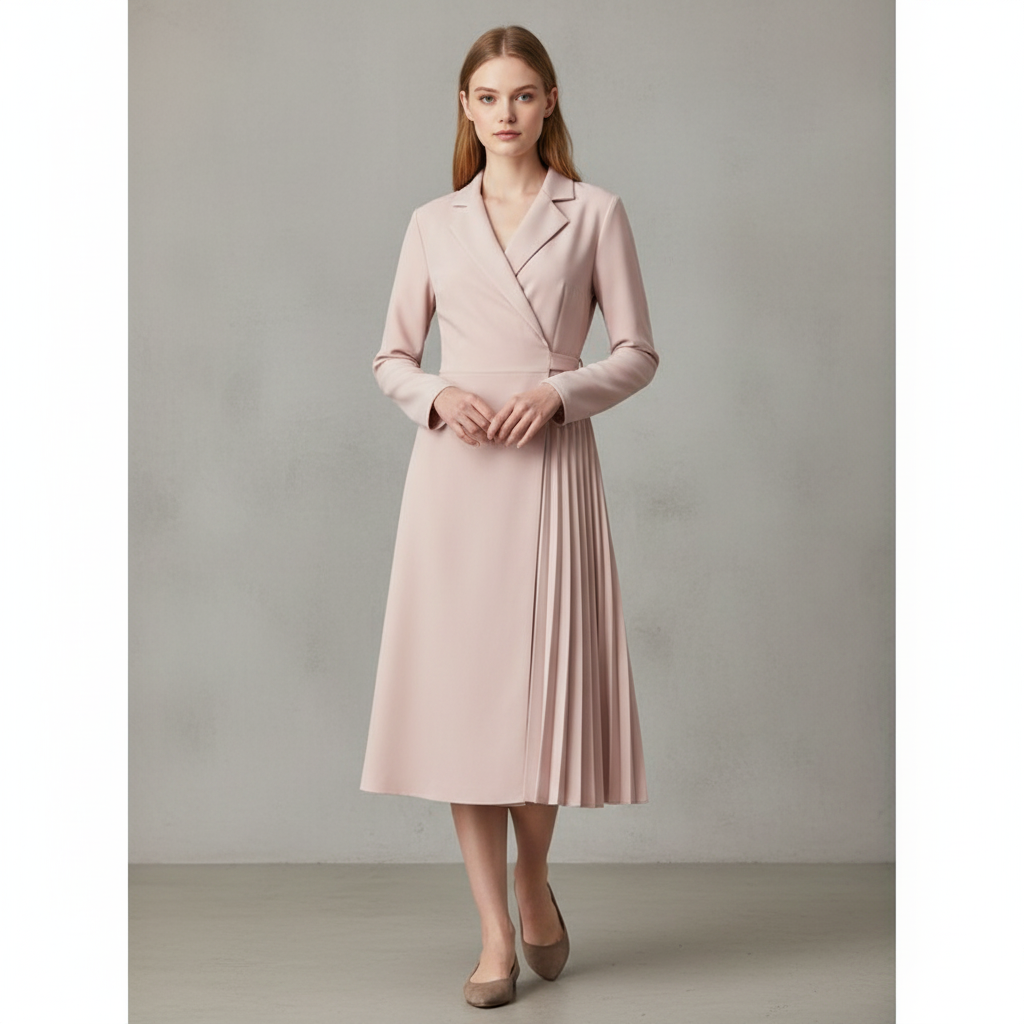 Target Inspire Pink Pleated Long Sleeve Neck Wrap Midi Dress