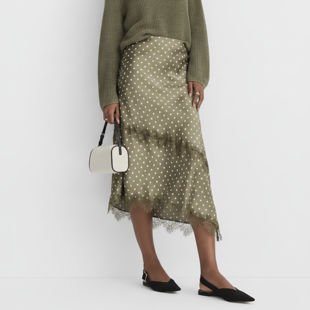 Dotted Lace Trim Satin Asymmetrical Midi Skirt