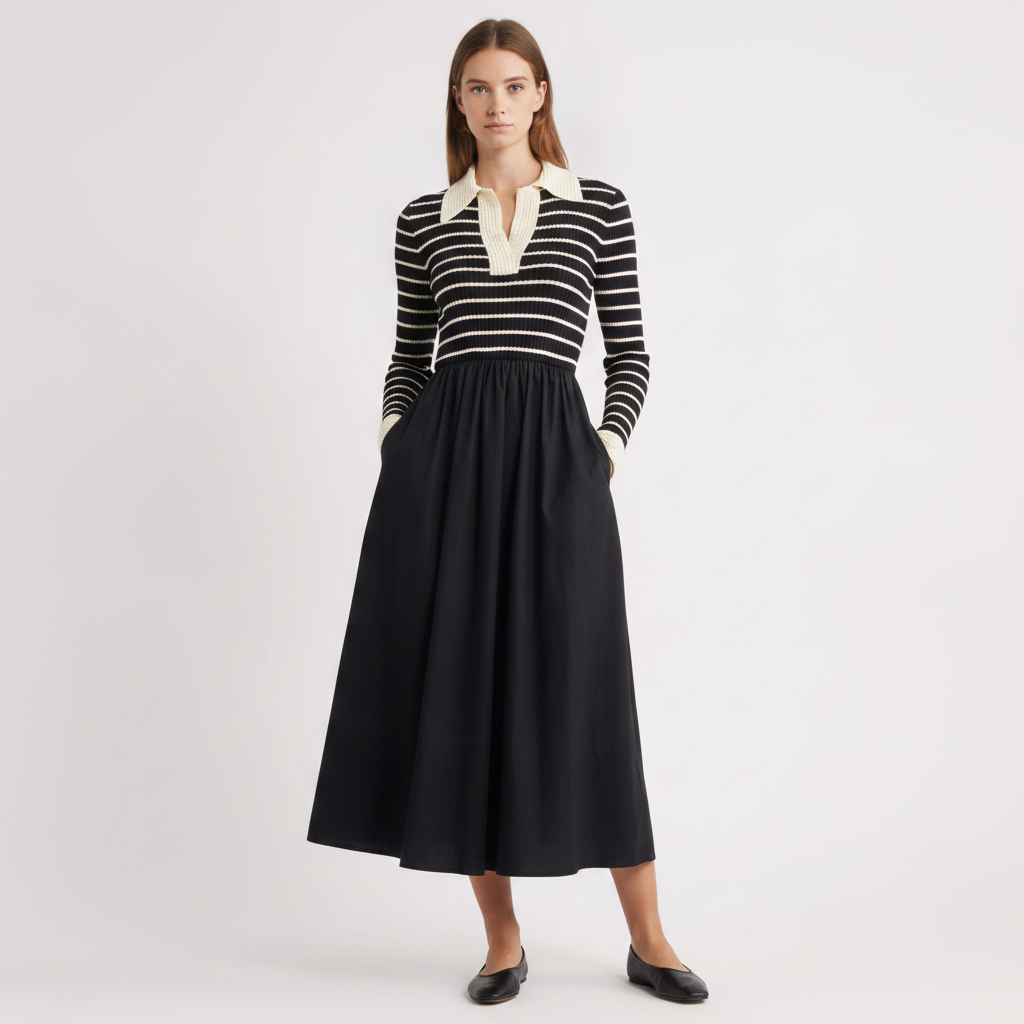 Stripe Long Sleeve Twofer Midi Dress