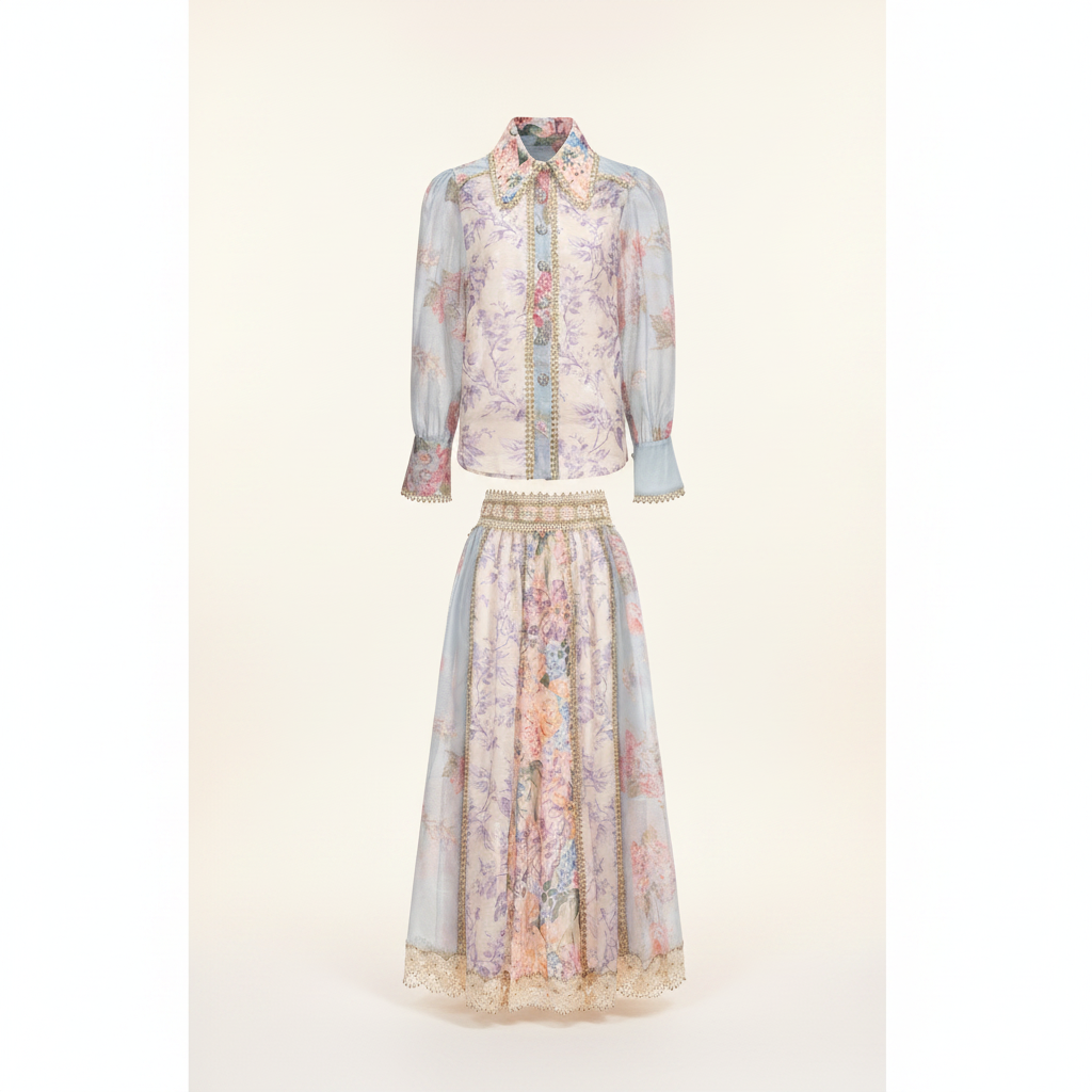Ruby Long Sleeve Floral Printed Lace Top And Skirt Two-Piece Set
