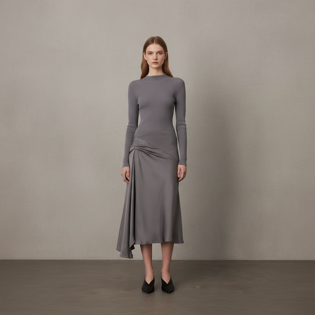 ARRANGE long sleeve hybrid knit midi dress in gray