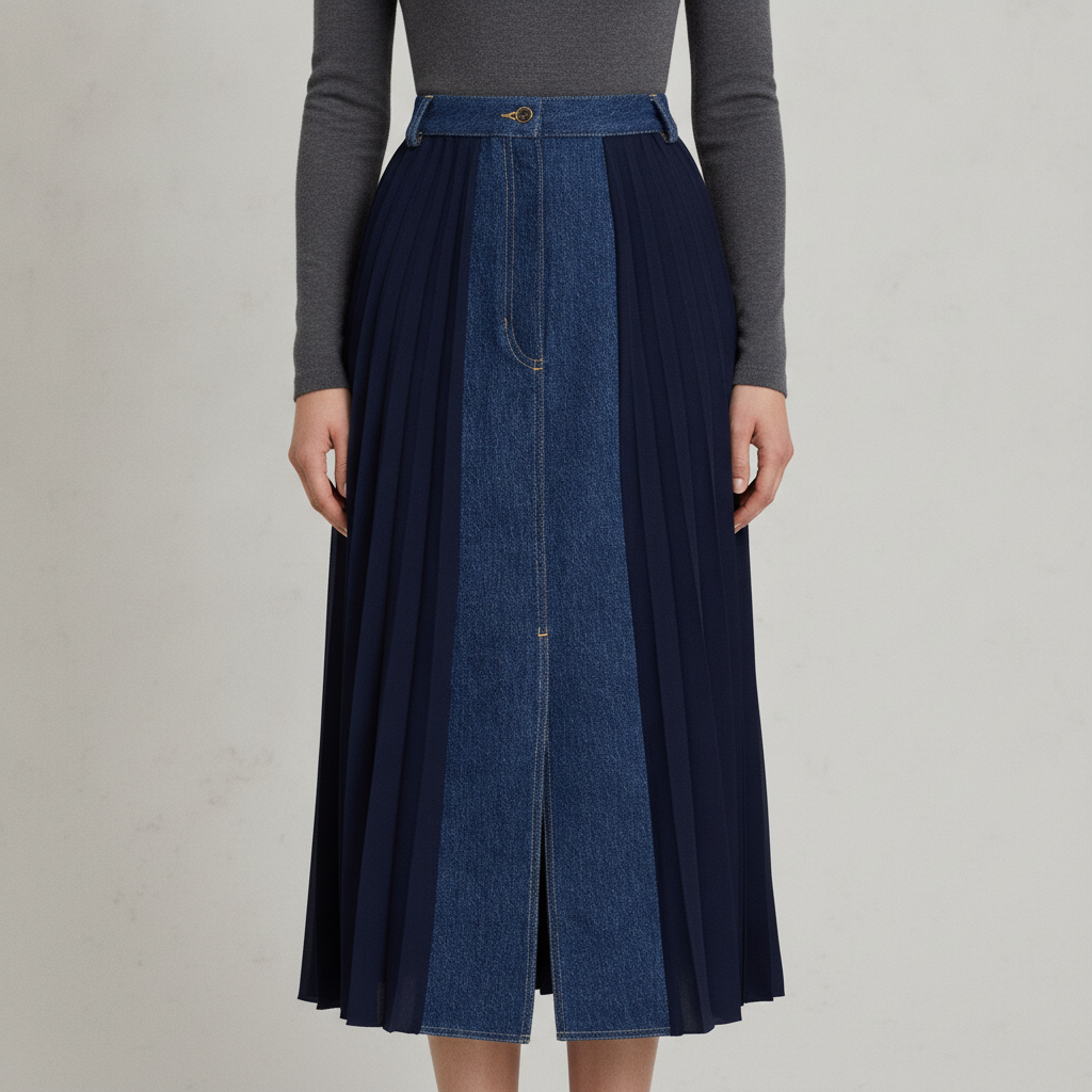 SANDRO Denim-paneled crepe midi skirt
