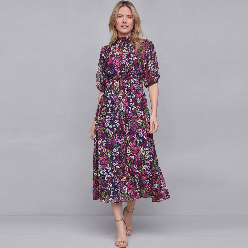 Petite Mock Neck Elbow-Sleeve Smocked Waist Midi Dress