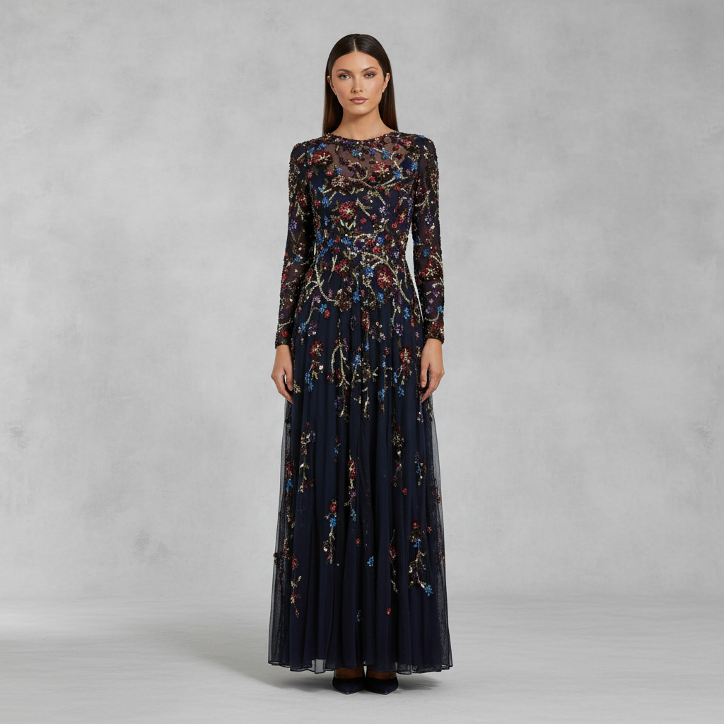 Navy Beaded Long Sleeve High Neck A-Line Gown