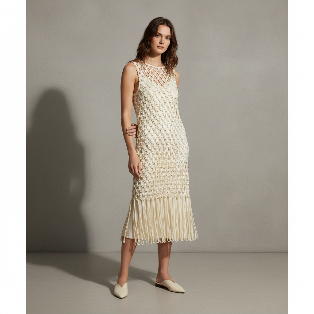Women's Cream Fringed Net Dress