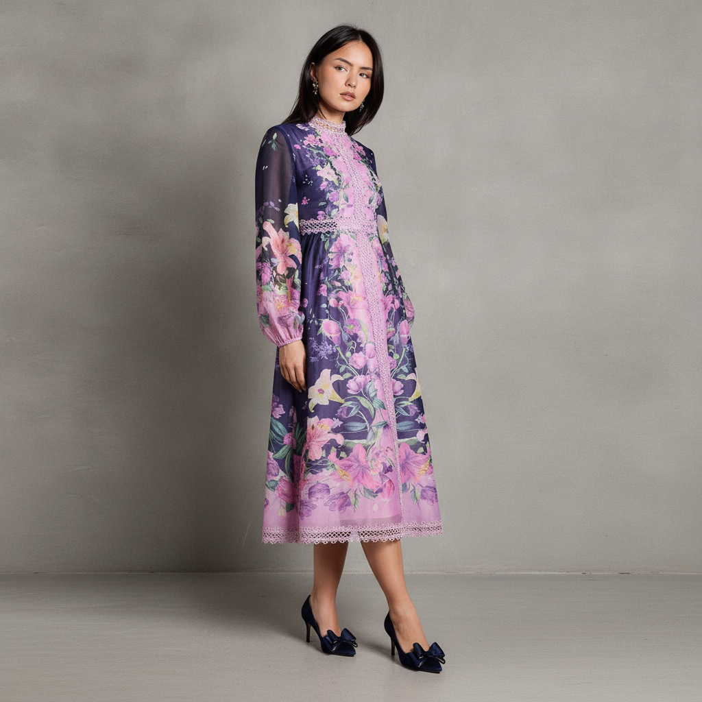 Petite Organza Lace Trim Midi Dress