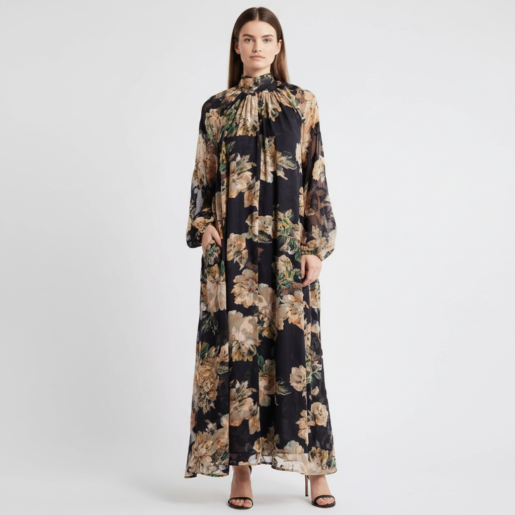 Botanical Tie-Neck Maxi Dress