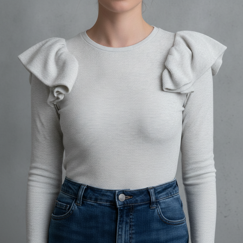 Ruffle-Shoulder Tee- Heather Gray
