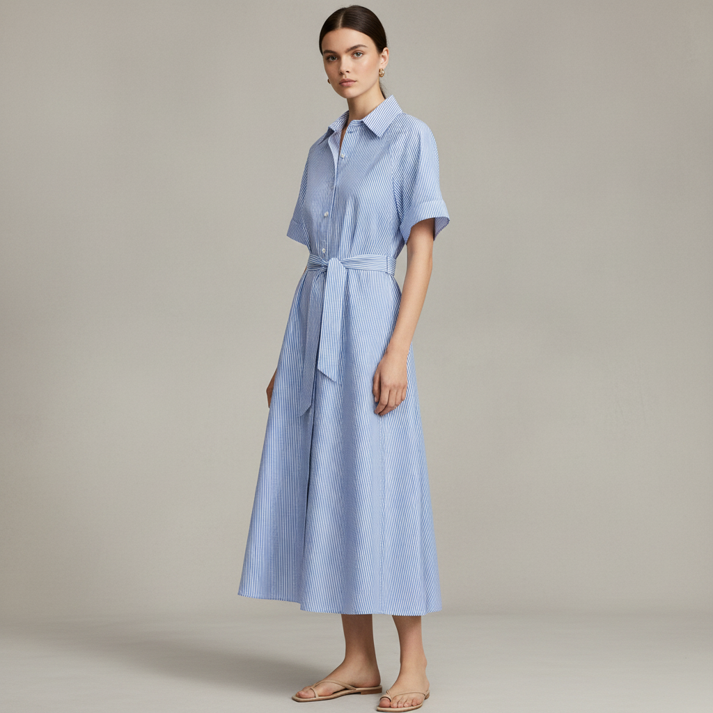 Women's Blue/striped Tie-Belt Shirt Dress