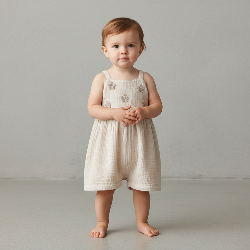 Baby Girl Flower Embroidered Romper - Ivory