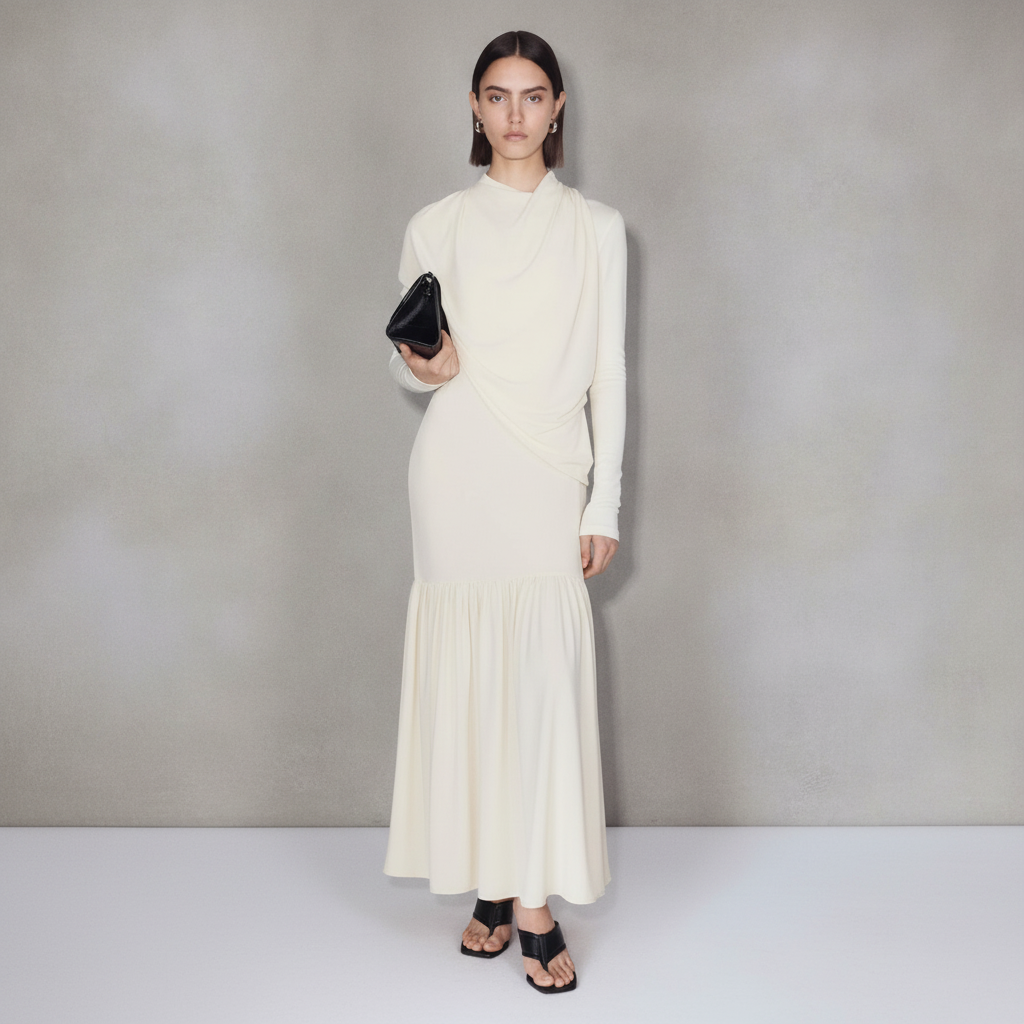 Cape-Detail Jersey Dress pictured with shell - pictured with Beige Abardsion Long Sleeve Fitted Shell
