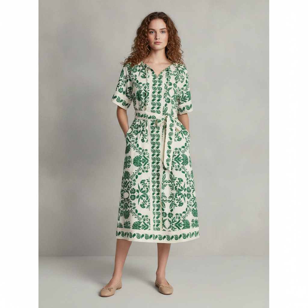 Time and Tru Women’s Border Print Linen Blend Midi Dress, Sizes XS-XXXL