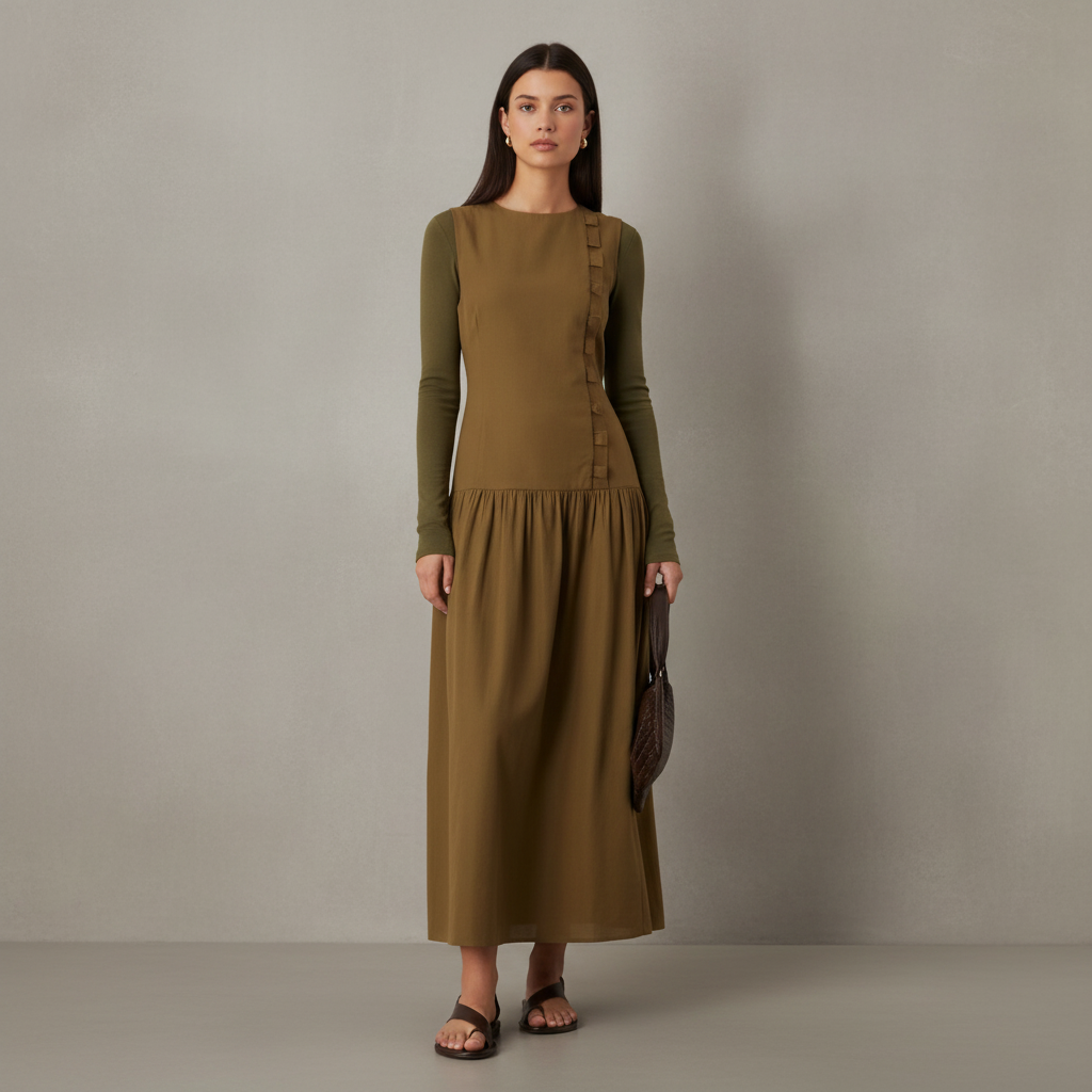 ASOS DESIGN slash neck asymmetric vest maxi sundress with dropped waist in olive - pictured with Army Green Abardsion Long Sleeve Fitted Shell