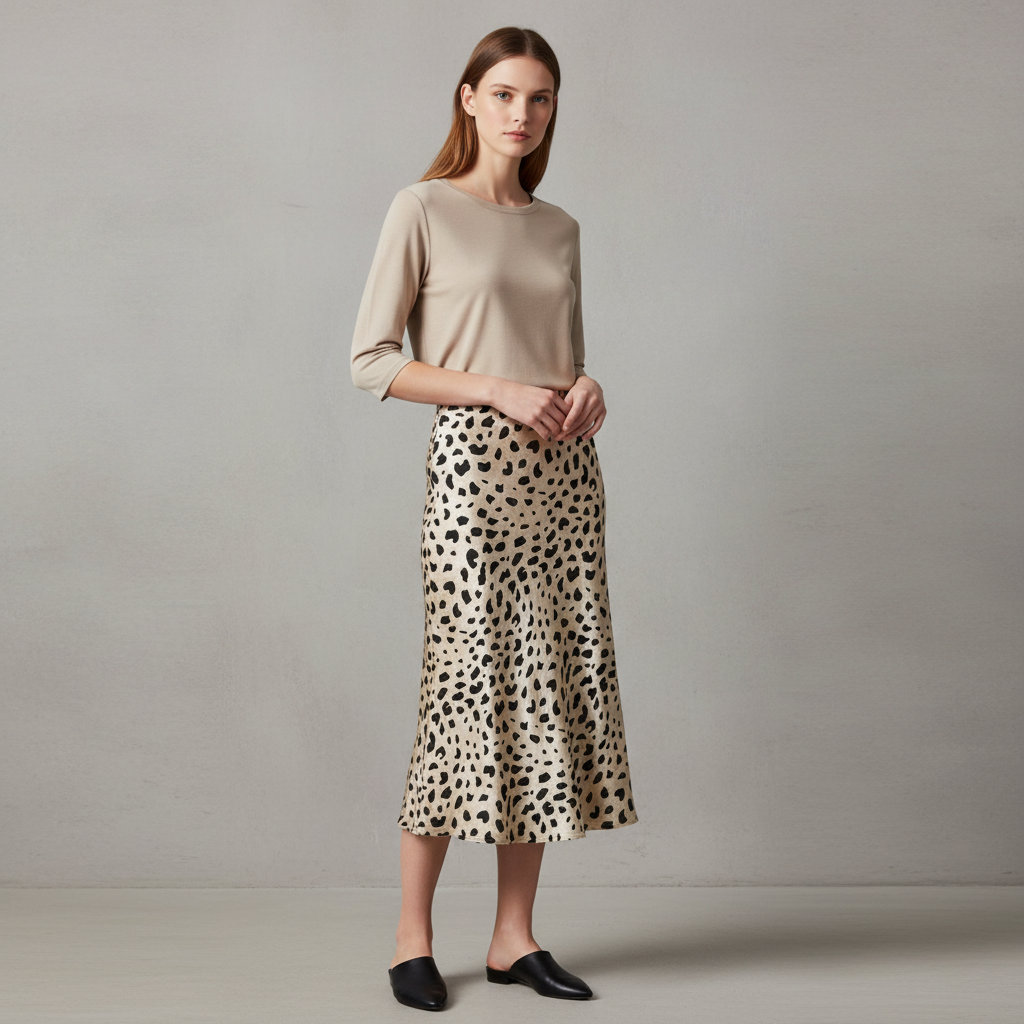 Leopard Print Long Midi Satin Skirt
