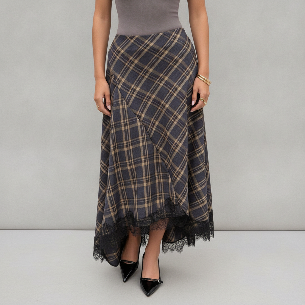 Roseseek Plaid Long Midi Skirt