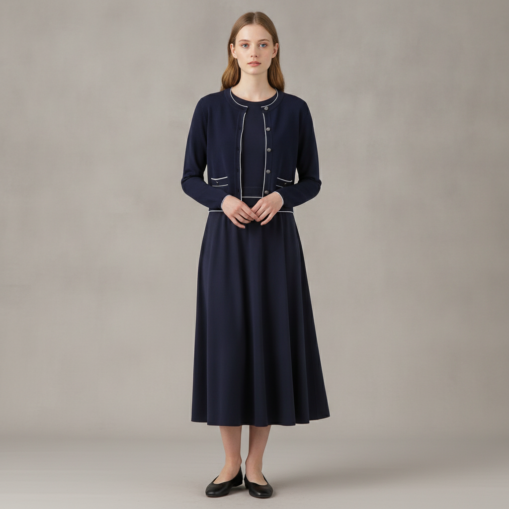 Crepe Knit Cardigan & Woven Midi Skirt Combo Dress Set