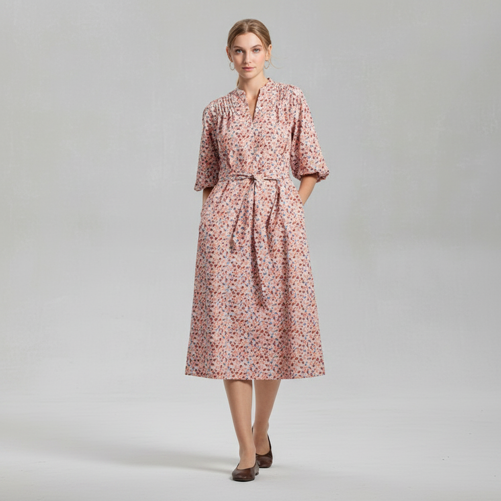 Women's Puff Elbow Sleeve Midi Shirtdress