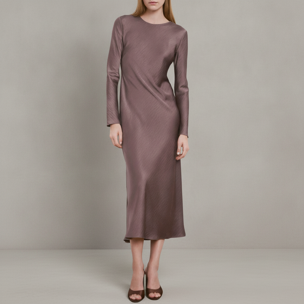 Long Sleeve Textured Satin Midi Dress