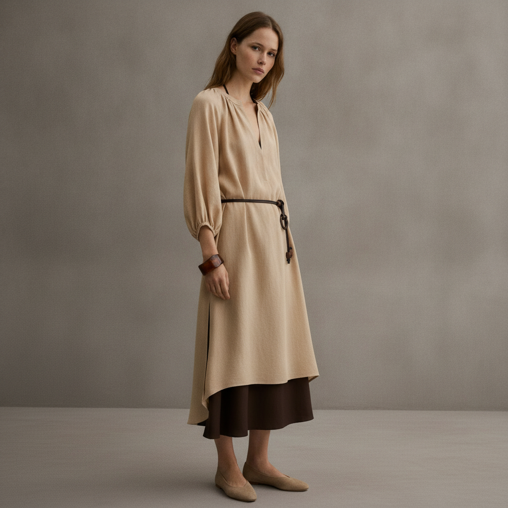 Women's Beige Oversized Tie-Belt Dress