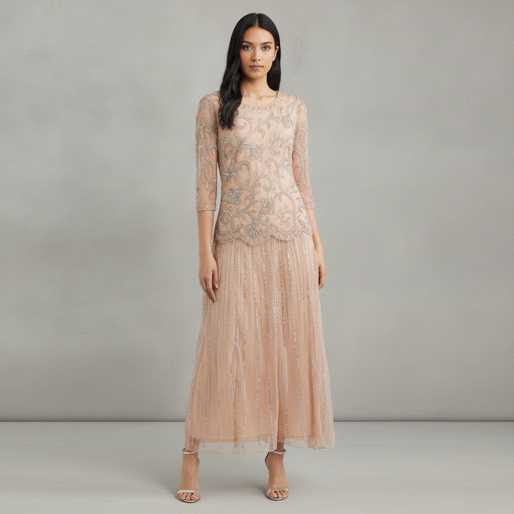 Beaded Chiffon Mock Two-Piece Dress