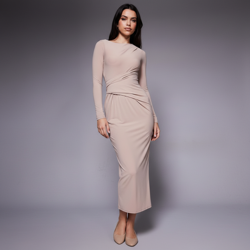 ASOS DESIGN soft touch long sleeve drape maxi dress in cappucino