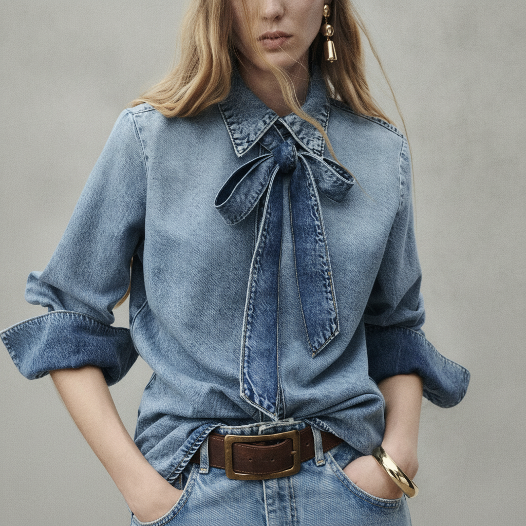 Denim shirt with bow
