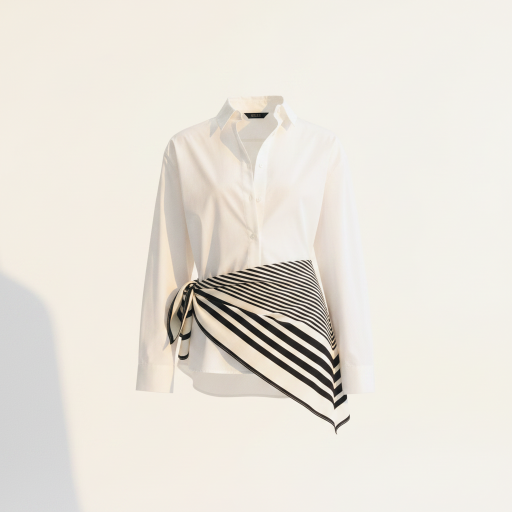 Women's White/striped Scarf-Detail Shirt