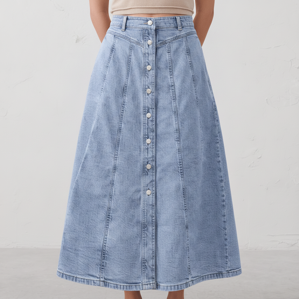Denim Seamed Midi Skirt