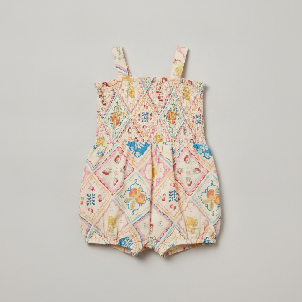 Baby Girls Tile Bow Shoulder Bubble Romper - Amalfi Coast - White