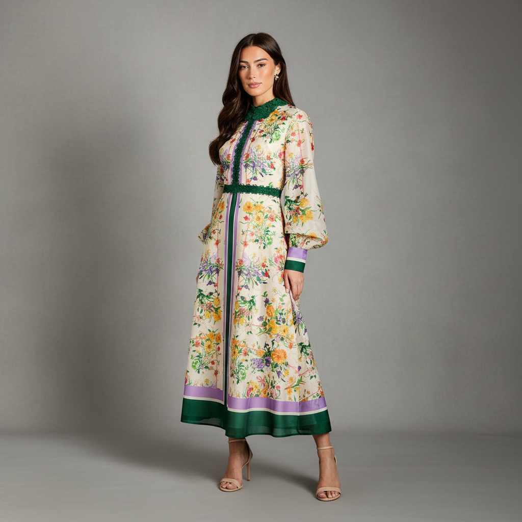 Lace Collar Placement Print Organza Shirt Dress