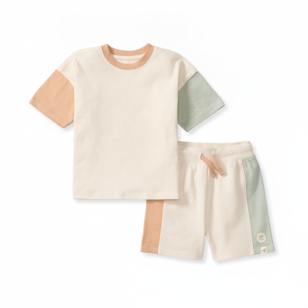Color Blocked Tee & Shorts Set - Oat Beige