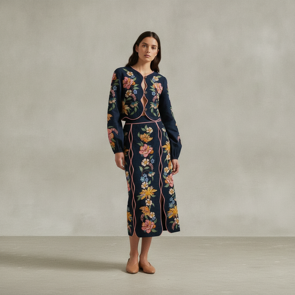 Dark Blue Maira Floral Midi Skirt
