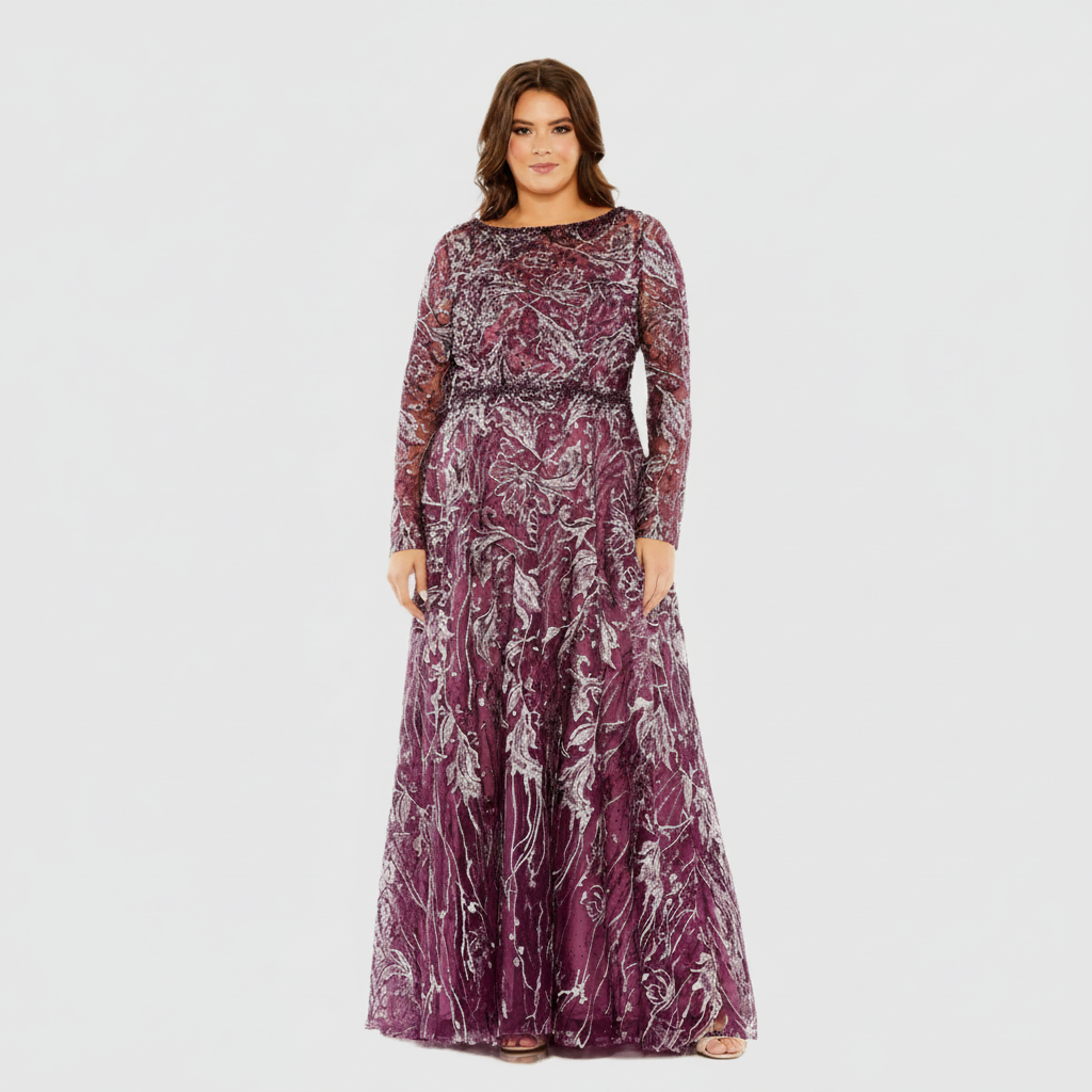 Purple Long Sleeve High Neck Embroidered Gown