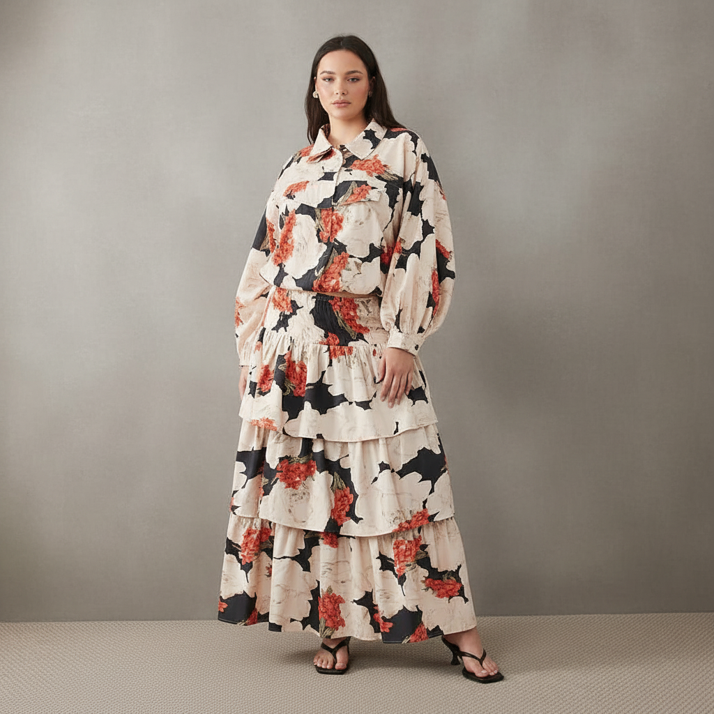 ASOS DESIGN Curve Tiered Drop Waist Maxi Skirt in Red Floral - Part of a Set