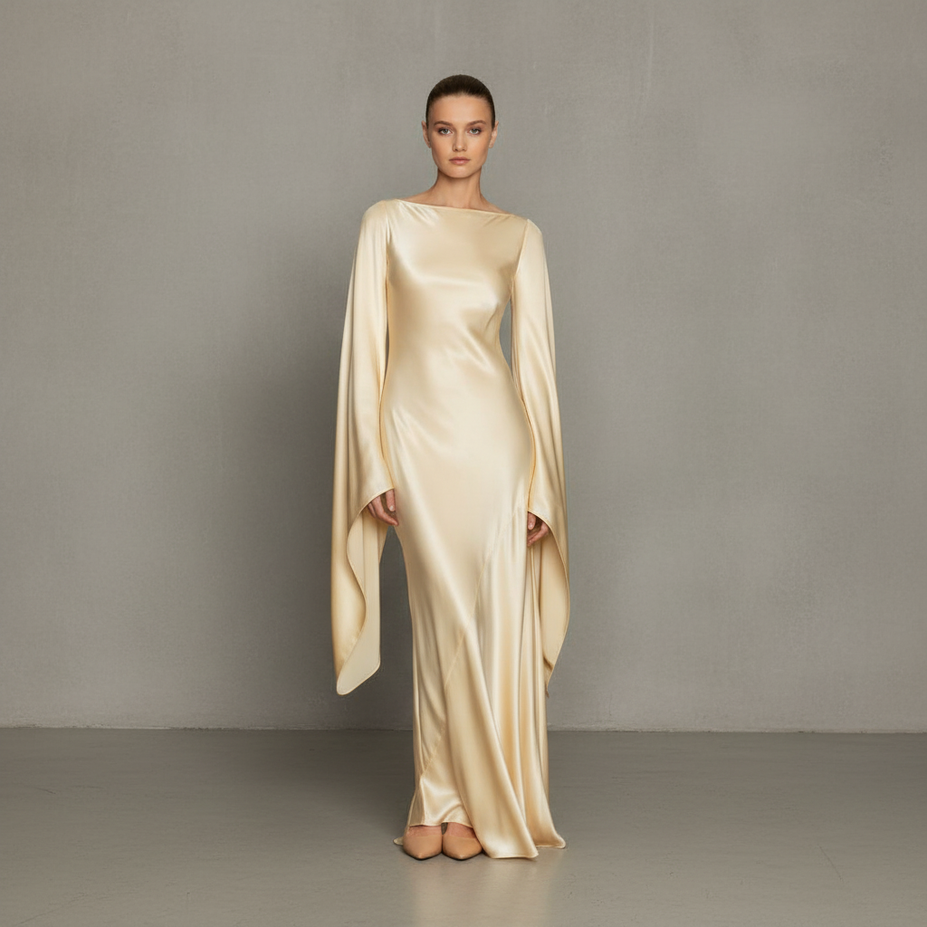 The Rosalind Dress in Silk Charmeuse in Golden Peach