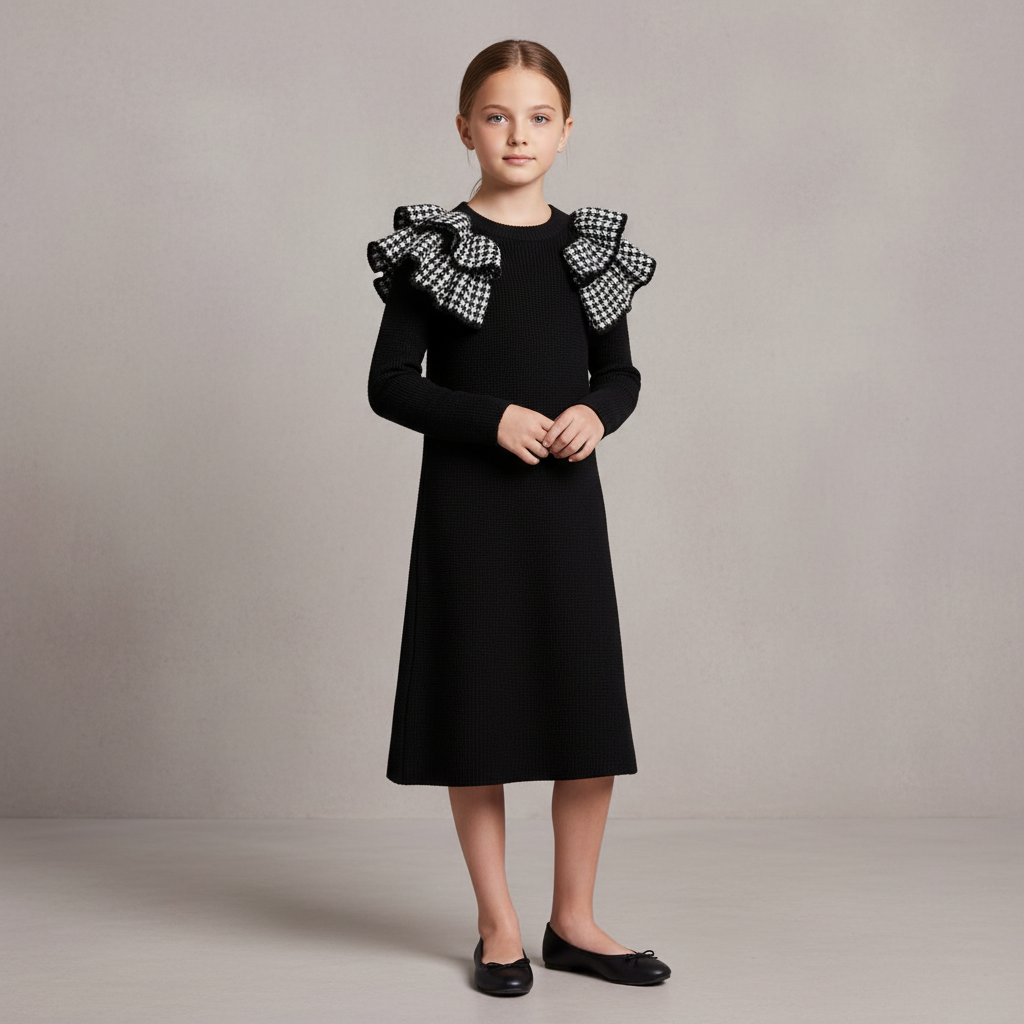 Girls Houndstooth Ruffle Knit Dress