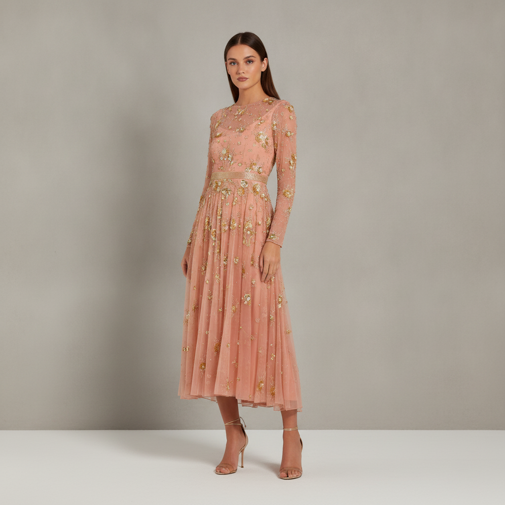 Beige Beaded Long Sleeve A Line Midi Dress