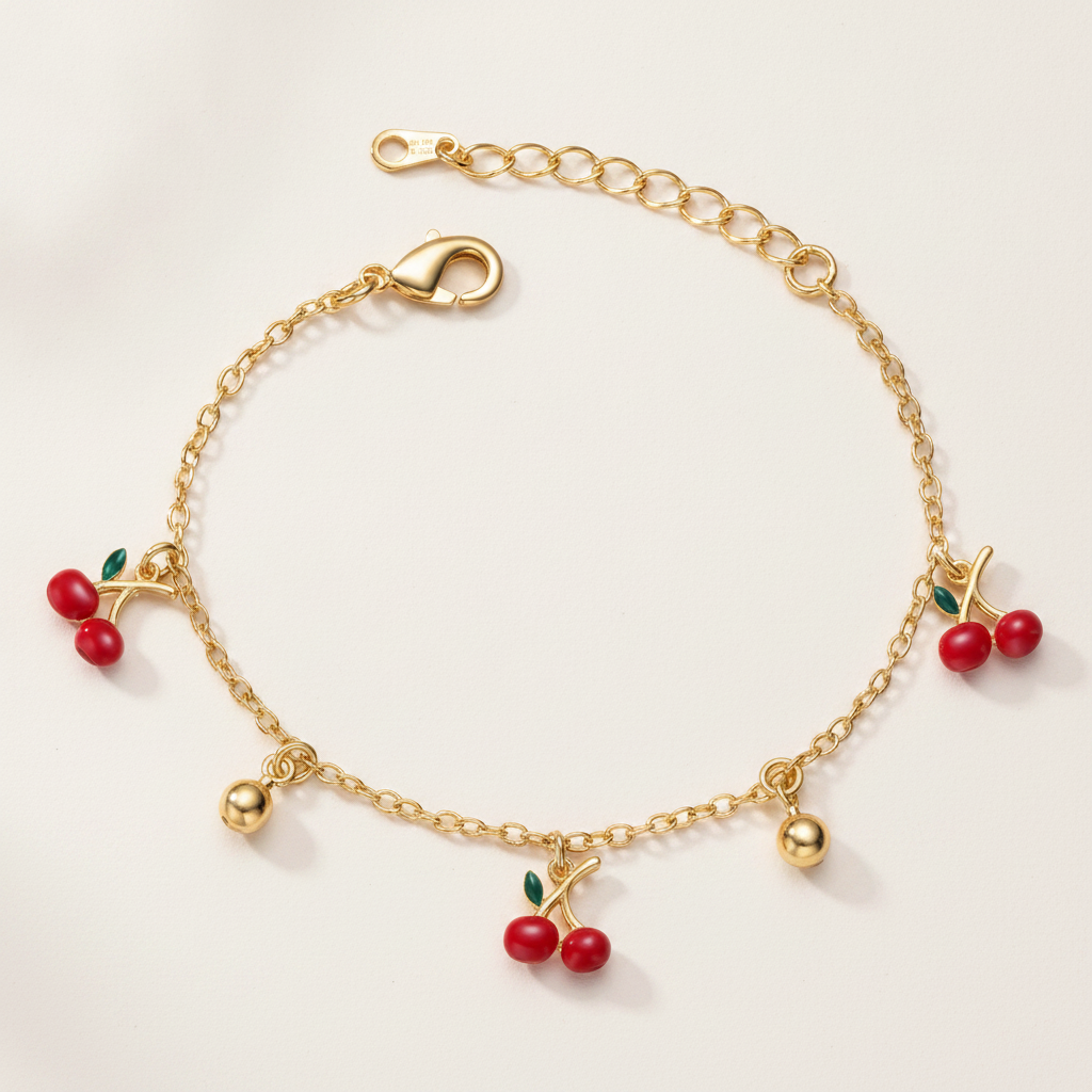 Guili Sweet 14K Gold Plated Kids Bracelet with Red Cherry Charms